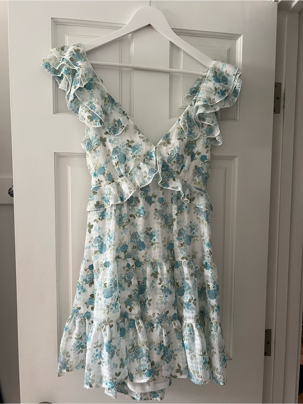 Trixxi White Dress with Blue Floral Ruffle Straps
